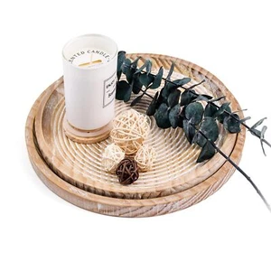 Rustic Wooden Serving Tray Set of 2 Round Wood Decorative Tray Centerpiece Di... - Picture 1 of 7
