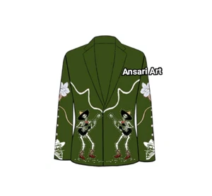 Men's Green 3Pc Bespoke Floral Skeleton Embroidered Rhinestone & Piping outfits - Picture 1 of 8