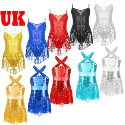 UK Kids Girls Tassel Hem Latin Jazz Dress Fringed Leotard Sequin Rumba Costume - Image 1 of 4