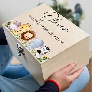 Personalised Safari Animal Baby Keepsake Box Wooden Memory Box for Boys & Girl - Picture 1 of 9