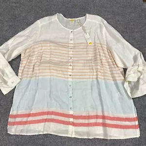 C&C California Linen Shirt 2X Ivory Striped Tab Sleeves Collarless NEW - Picture 1 of 9