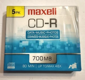 CD-R Maxell 5 Pack Blank Audio Music Data Recordable 80min 700MB Disc Slim Jewel - Picture 1 of 4