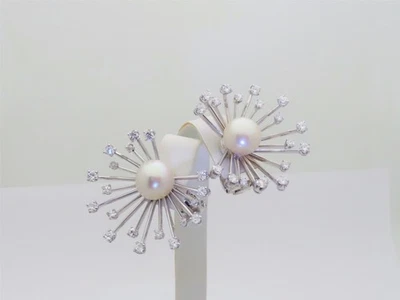Pearl Diamond Earrings White Gold 14k Natural Wedding Gift Bride Celestial E191 - Image 1 of 4