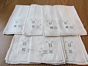 7 Vintage Ecru Linen Napkins Placemats w Taupe Embroidery Cutwork 10" x 17" - Picture 1 of 10