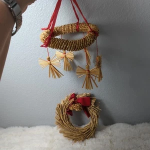 Scandinavian Braided Straw Christmas Mobile  Swedish Angels and Wreath - Picture 1 of 4