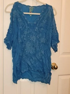 Johnny Was Blue Kimono Sleeve Tunic Floral Embroidery, Cold Shoulder, Boho SZ XS - Picture 1 of 13
