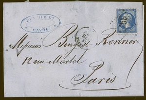 REF A100-13-N°:22 VARIETE  ( PQSTE8 au lieu de POSTES ) Le havre 1867 pour PARIS - Picture 1 of 3