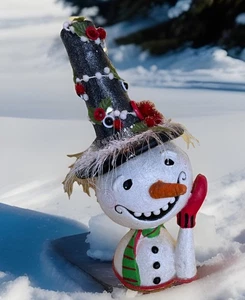 CJF Snowman Folk Art Decor Smiling Toothy Grin Mica Christmas Winter 14" - Picture 1 of 8
