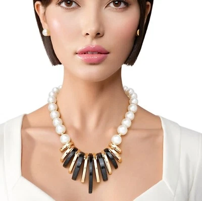 Black Resin Gold Semi Circle Pendant Cream Pearl Statement Collar Necklace Sets - Image 1 of 4