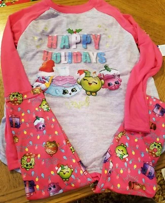 Girls Shopkins Happy Holidays Christmas 2 Piece Pajamas Set~LS Shirt & Pants- 4 - Image 1 of 2