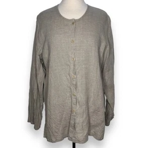 Blusa Top Túnica de Lino Lagenlook Talla Mediana Bronceado Gris Crema con Botones - Imagen 1 de 7