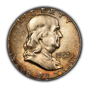 1957 50c Franklin Silver Half Dollar - Luster - Neon Rainbow Toning - SKU-H2809 - Picture 1 of 6