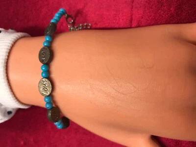 Vintage Style Handmade Turquoise & Silver Tone Love Beads Charms Bracelet 6” - Image 1 of 2