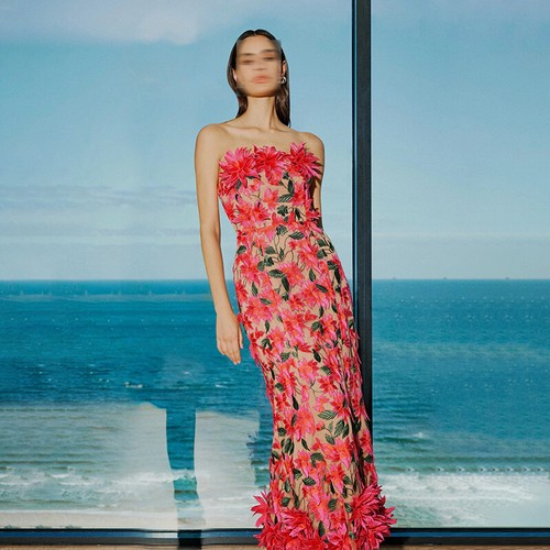 OFF WHITE Abito da festa retrò donna vestito senza spalline estivo nuovo abito lungo ricamo floreale