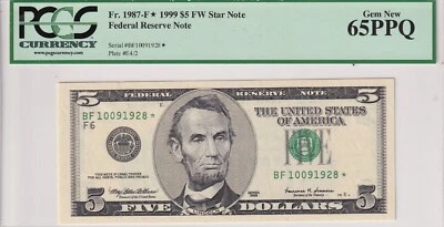 United States Of America, 5 Dollars, 1999, UNC, Fr.1987,  (Star / Replacement ) - Image 1 of 2