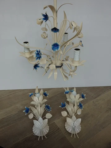 Set of two wall sconces chandelier with 3 lights Leaf metal flowers Shabby Chic Cover