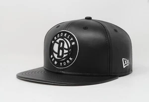 New Era 59Fifty Men Boys Cap Brooklyn Nets "B" Black Faux Leather Fitted Hat - Picture 1 of 5