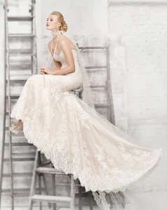 Brautkleid Hochzeitskleid Knopfleiste Boho Vintage Spitze, Fit + Flare Gr 10 - Bild 1 von 24