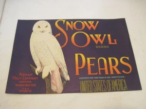 OLD PAPER CRATE LABEL SNOW OWL PEARS FRUIT PRODUCE ADVERTISING LABEL - Picture 1 of 1
