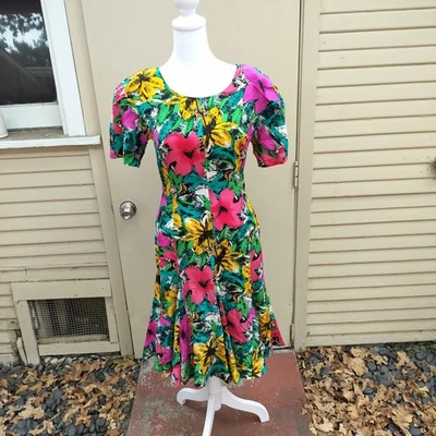 Vestido Floral Vintage Pat Argenti Seda Multicolor Acampanado Manga Corta Talla 4 Foto 1 de 4