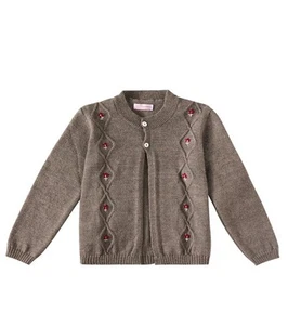 La Coqueta Kids, Espina Embroidered Wool Cardigan, Taupe, Y 9 - Picture 1 of 5