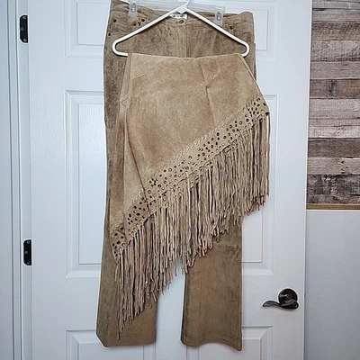 Pantalones de cuero Y2K Isaac Mizrahi y chal Newport News para mujer 16 tostado pierna recta Foto 1 de 4