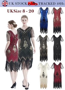 1920s Gatsby Party Sequin Flapper Short Sleeves Vintage Fringe Cocktail Dress UK - Picture 1 of 9