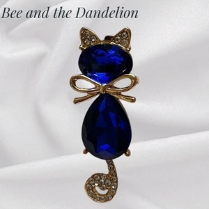 Cute  Blue Crystal Cat Brooch with Rhinestone Ears and Tail - Picture 1 of 6