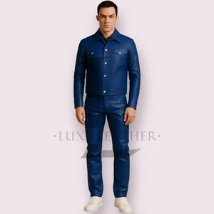 Men's Blue Military Leather Pant & Shirt Genuine Lambskin Leather Pant & Shirt - Picture 1 of 3
