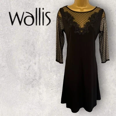 Wallis schwarz Spitze 3/4 Viertelärmel Kleid Party Abend UK 10 neu mit Etikett UVP £42 - Bild 1 von 3