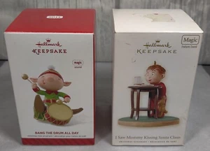 HALLMARK ORNAMENTS Bang the Drum All Day & Mommy Kissing Santa Magic Sound Lot 2 - Picture 1 of 6