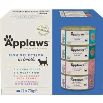 BRANDED Applaws Natural Wet Cat Food, Multipack Fish Selection in Broth 70 g Tin 12 Pack