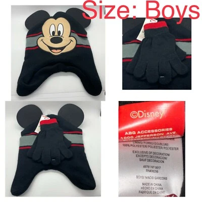 Conjunto de chapéu Mickey Mouse criança menino com aba de orelha e luvas novo com etiquetas gorro caçador  - Imagem 1 de 4