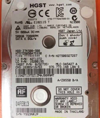 ⭐️⭐️⭐️⭐️⭐️ HDD Hard Drive SATA Laptop 2.5" HGST HTS725050A7E630 500GB J32735 - Image 1 of 2