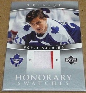 BORJE SALMING 2006-07 UPPER DECK TRILOGY HS PINSTRIPE GAME WORN JERSEY 