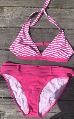 Isaac Mizrahi Mujer Bikini Halter Top Cinturón Parte Inferior Rosa Caliente Barbie Rayas XL Foto 1 de 4