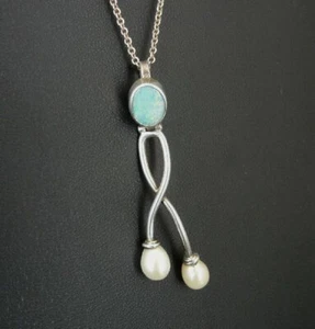 Necklace Silver Natural Opal with Pearls Dangle Sterling 925 Pendant Chain - Picture 1 of 5