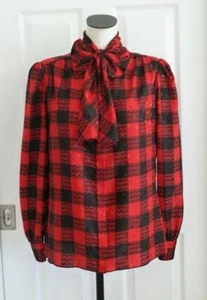 ST JOHN Vtg Satin Red Black Artsy Blocks Scarf Tie Bow Hidden Buttons Blouse 10 - Picture 1 of 24
