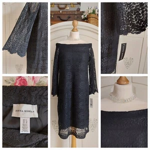 Donna Morgan Black Lace Bardot, Bell Sleeve Lined Shift Dress UK Size 10 NWT - Picture 1 of 12