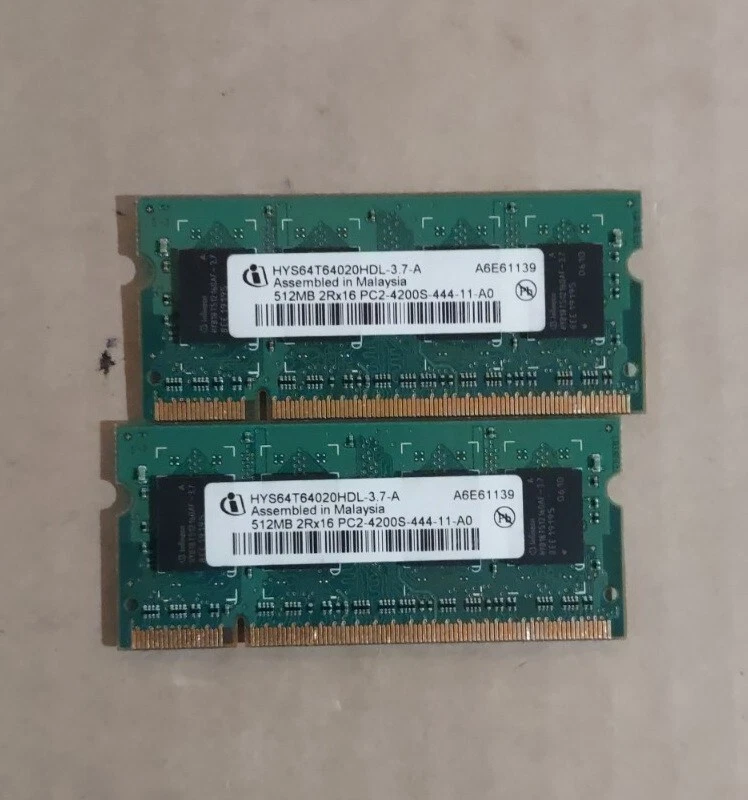1GB (2 x 512MB) Infineon HYS64T64020HDL-3.7-A PC2-4200 DDR2 533MHz SODIMM Memory - Image 1 of 1