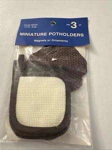 Vintage Miniature Cross Stitch Potholders Set Of 3 To Make Ornaments Brown BB7 - Picture 1 of 1