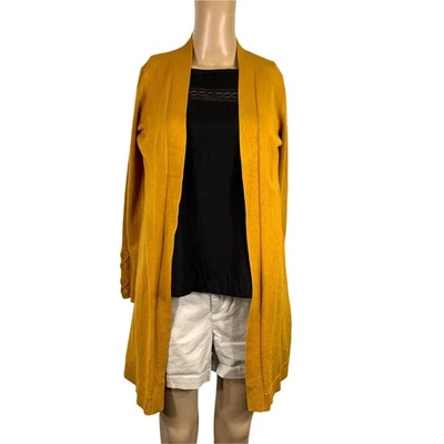 JM Collection Womens Cardigan Sweater Duster Laced Cuff Open Mustard 0 Petite - Image 1 of 4