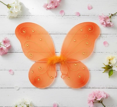ORANGE Butterfly Fairy Organza Nylon WINGS Glitter & Gemstones Choose Size - Image 1 of 2