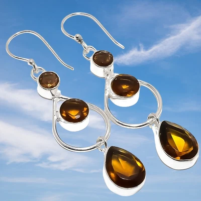 Brinco de prata esterlina 925 pedra preciosa quartzo esfumaçado natural 2,4" E631 - Imagem 1 de 4