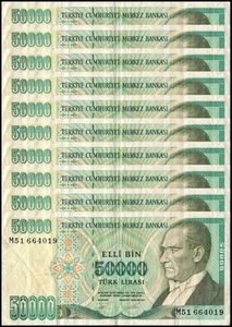 Turkey 50000 Lira, L.1970 (1995 ND), P-204, Used X 10 PCS - Picture 1 of 2
