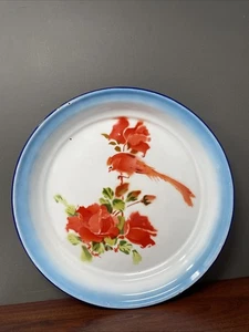 Vintage 70er Jahre traditionelles chinesisches creme rotes Emaille Tablett mit roten Blumen & Vogel. - Bild 1 von 9