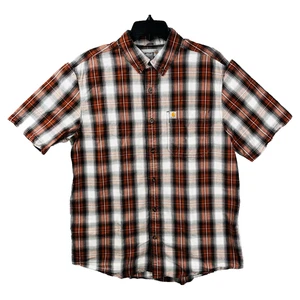 Carhartt Shirt Mens L Brown Plaid Relaxed Fit Button Short Sleeve Fishing Rugged - Picture 1 of 10