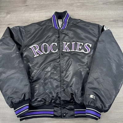 Jaqueta de beisebol vintage Colorado Rockies Starter masculina GG preta MLB cetim anos 90 - Imagem 1 de 4