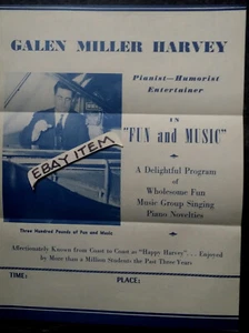 PÓSTER DE VOLANTE PUBLICITARIO C 1950 Galen Miller HAPPY HARVEY pianista PIANISTA - Imagen 1 de 1