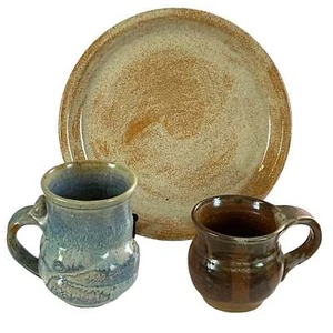 1970s Signed Studio Art Pottery Mugs and Plate 3 Pcs Set - Picture 1 of 20